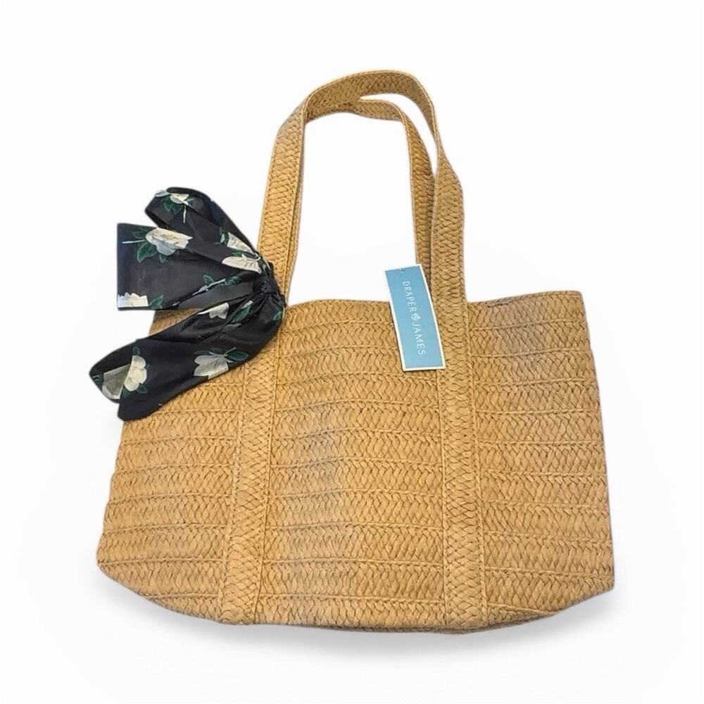 Draper James Straw Tote Bag Natural with Scarf Designer Beach Bag